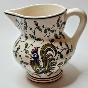 Vintage Rooster Pitcher Creamer Hand Painted Portugal Artist Signed Green White